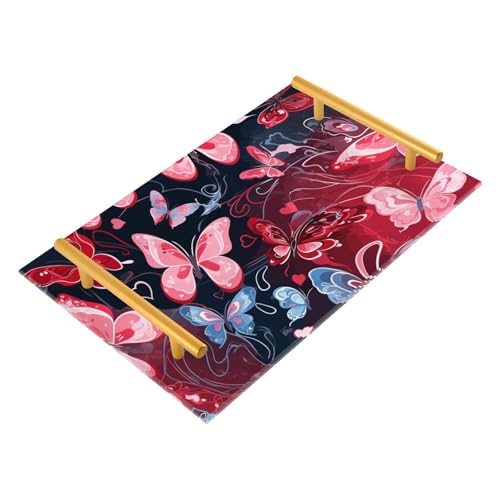 Bandejas rectangulares decorativas de mariposas rojas y rosadas y azules con asas, bandeja de mesa de cama para joyas, perfumes, fiestas, servir charolas para servir