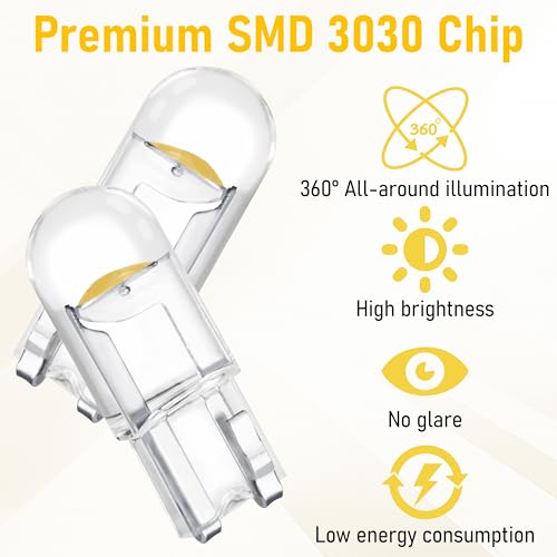 Image of ecocstm 30 PCS Car 194 LED Bulbs, 168 2825 W5W T10 Wedge COB LED Replacement Bulb, Error Free Interior Bulb for Dashboard Light, Dome Lights (Yellow)