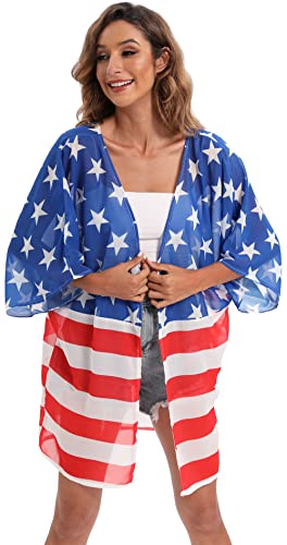 Image of DDSOL Women's American Flag Kimono Cover up Beachwear Cardigan Loose Tops Shirt Blouse