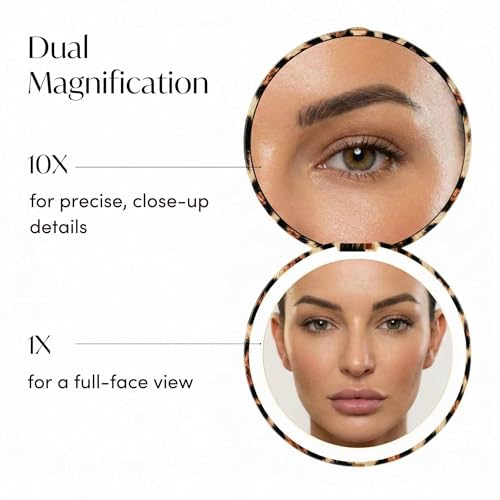 Image of Fancii Taylor LED Lighted Travel Makeup Mirror, Rechargeable, 10x /1x Magnifying, Tru-Glow Lighting System, XL Large 5 inch Wide | Compact Mirror for Purses (Cheetah Chic)