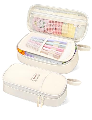 SUNEE Estuche Escolar Grande con Compartimentos, Multiusos Estojo Escolar Colegio Organizador de Papeleria Pencil Case para Niñas, Niños, Adolescentes, Mujeres, Hombres,Beige