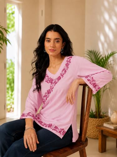 Image of QAZMI Women's Aari Embroidered Viscose Rayon V-Neck Full Sleeves Short Kurti