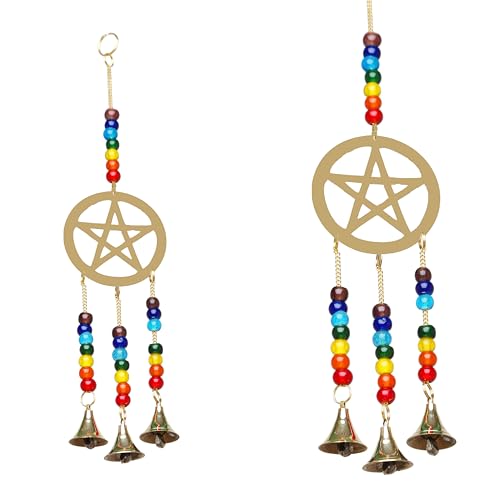 Image of Handcrafted Brass Pentagram Star Wind Chime with Multicolor Beads Indian Traditional Festival Roof Hanging Bells Decorative Door & Wall Hanging for Home Office Vastu Meditation Gift(Size:-12")