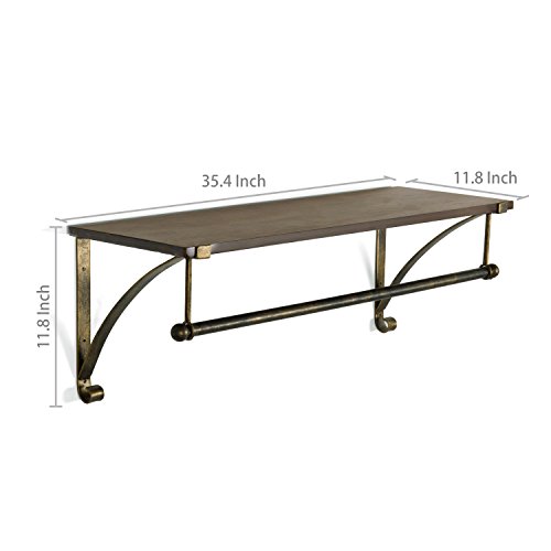 Mygift Wall Mounted Brown Wood & Antique Bronze-Tone Metal Floating Shelf With Garment Hanger Rod #TOP4