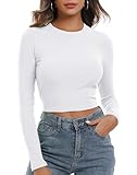 Artfish Women's Round Neck Long Sleeve Knit Ribbed Fitted Crop Top Casual Basic Shirts White, S