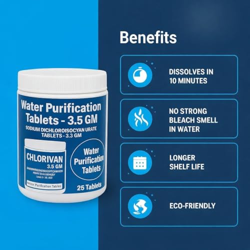 Image of EVERSYS Chlorine Tablets for Water Tank Purification | 25 Tablets for 25000L | Waters Cleaning Tablet for Safe Drinking Water | Tank Cleaning & Disinfection Tablets for Home Use