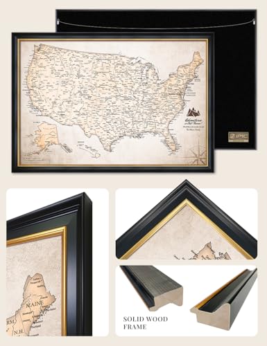Image of IPIC - Custom USA Map Canvas Wall Art, Personalized Artwork with Names and Message on, Framed Oversize Travel Map for Home, Office, or Study, Push in Board Decor for Travel Lovers