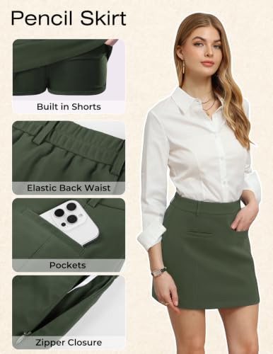 Women Green Fall Mini Pencil Skirt with Shorts, High Waisted Skort Pockets — view 5