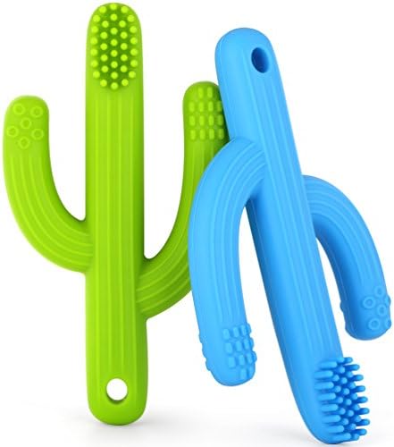 Baby Toothbrush Teether Teething Toothbrush Toys Soft Silicone Bristles for Baby and Infant (2pcs Blue and Green)