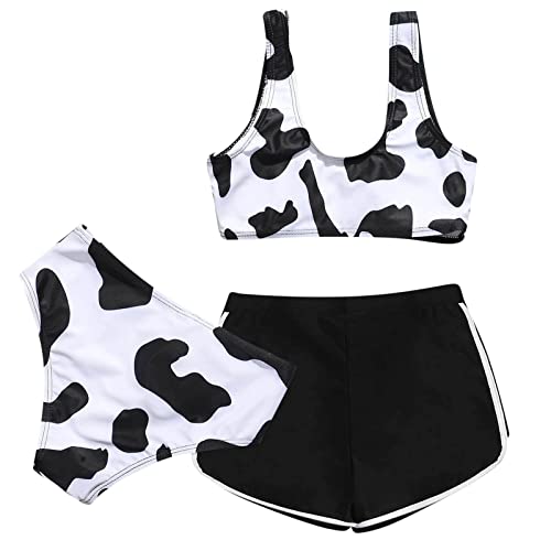 Shorts de banho com suspensório de estampa de vaca para bebês meninas, 3 peças, biquíni de vaca para