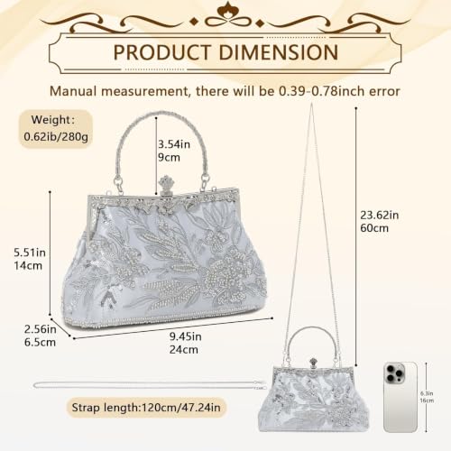 Image of 1920s Clutch Purses for Women, Embroidery Sequin Rhinestone Evening Bag | Top handle and removable shoulder chain, lightweight sequin floral design. Ideal for weddings, galas and formal events