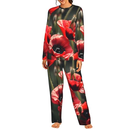 Pyjama coquelicot rouge anti-irritation : ensemble de nuit manches longues élastique et ultra-doux