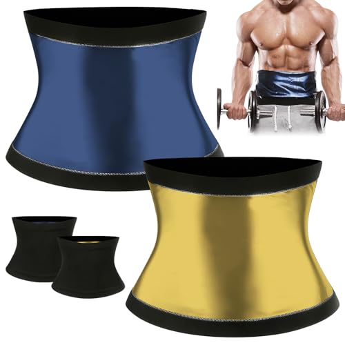 Oraja 2-Pack Mens Waist Trainer Sweat Belts Black & Blue + Black & Gold Ideal for Gym Fat Burning Belly Shaping Sweat Training Discreet Wear Slimming Belt (2XL/3XL)