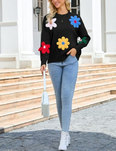 Image of Women Floral Sweater Casual Colorful Flower Knit Pullover Top