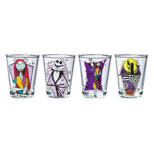 Image of Silver Buffalo Disney The Nightmare Before Christmas 4 Piece Mini Glass Set Featuring Jack Skellington and Sally, 1.5 Ounces