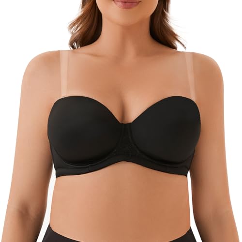Women's Strapless Bra Plus Size for Large Bust Underwire Convertible Full Coverage Bras with Clear Straps