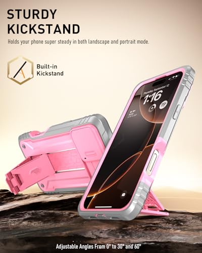 Image of Poetic Revolution Case for iPhone 16 Pro Max 6.9 inch, [Slide Camera Cover], Full-Body Military Grade Rugged Shockproof Cover with Kickstand and Built-in-Screen Protector, Pink