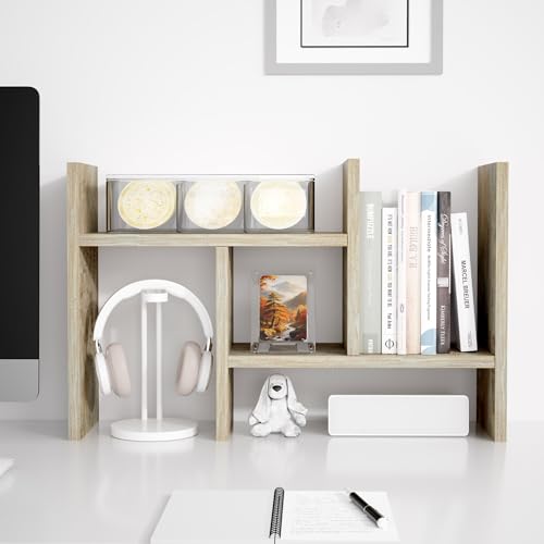 Image of Jerry & Maggie Desktop Organizer Office Storage Rack Adjustable Wood Display Shelf Free Style Double H, Multi-Functional Mini Bookshelf for Desk Natural Stand (Gray Oak /2 Pack)