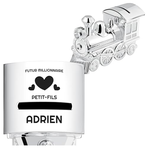 Maverton Tirelire Personnalisable en Métal Argenté pour garçon - Tirelire Enfant Épargne en Forme de Locomotive pour pièces et Billets - Cadeau Anniversaire Fille -...