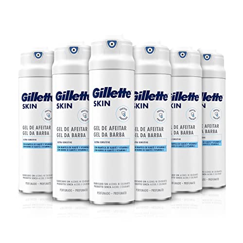 Gillette SKIN Ultra Sensitive Rasiergel, 6 Stück à 200 ml, schützt, beruhigt und erfrischt, mit duftender und angenehmer Formel, Sheabutter und Vitamin E, ohne Farbstoffe und Alkohol