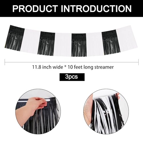 Image of BEISHIDA 3 Packs Metallic Foil Fringe Garland Black White Wall Hanging Tinsel Fringe Banners for Car Floats Bridal Shower Wedding Birthday Graduation Holiday Party Decoration(30 Feet)