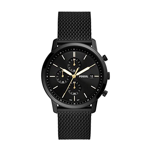 Fossil Minimalist uhr für Herren, Chronographenwerk mit Edelstahl- oder Lederarmband, Schwarz und Goldton, 42MM