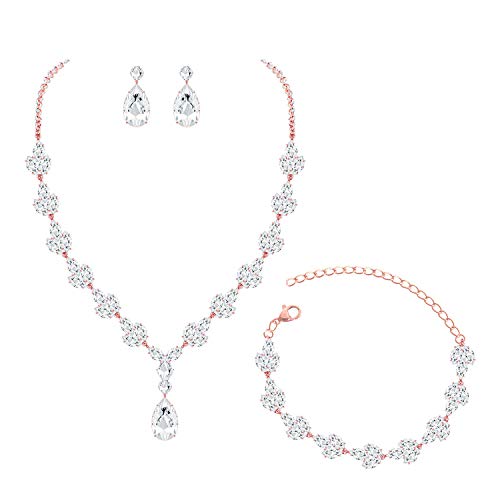 YSOUL CZ Rhinestone Necklace Earrings Bracelet Jewelry Set For Prom Wedding Bridal Bridesmaid (Rose Gold)