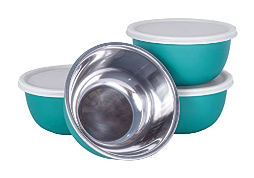 Image of Zaib Microwave Safe Stainless Steel Food Storage Bowl with Lid | Snack Serving Cooked Food Storage Container for Kitchen Capacity- 500 ML Each (Turquoise 14 cm 4 Pcs with Lid)