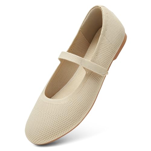 ATHMILE Mary Jane Shoes Women Round Toe Knit Ballet Flats Shoes for Women Comfortable Dressy Washable Adjustable Strap for Work Office Casual Nude4