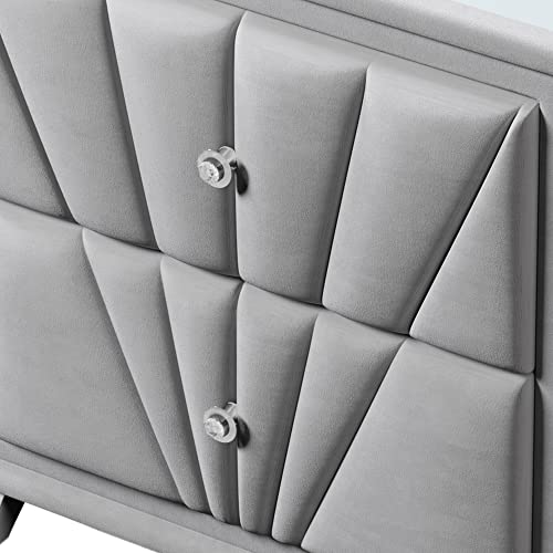 Velvet Upholstered Glass Top Nightstand, 2 Drawer Nightstand With Crystal Knob, Velvet Bedside Table Organizer, Minimalist Bedroom Furniture Tufted Upholstered Sofa Side Table End Table (C-Gray) #TOP5