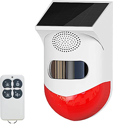 Luz de alarma solar estroboscópica con sensor de movimiento, sirena de alarma al aire libre, sirena con mando a distancia, 120 db, luz de sirena de seguridad de sonido, IP67, resistente al agua y 4 modos para el hogar, granja, granero, villa, patio (paquete de 1)