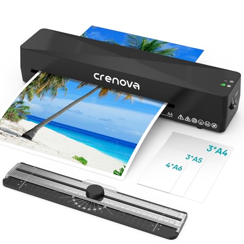 Crenova Plastificadora A4 con Guillotina, Modo Frío y Caliente, Laminadora con 10 fundas de plastificación, Ideal para Colegio Oficina Estudio Fotográfico, Negro