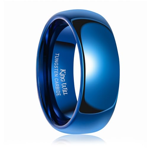King Will 8mm Tungsten Carbide Wedding Band for Men Women Classic Promise Engagement Rings for Couples Domed Style High Polish Finished Comfort Fit, Blue Size 10