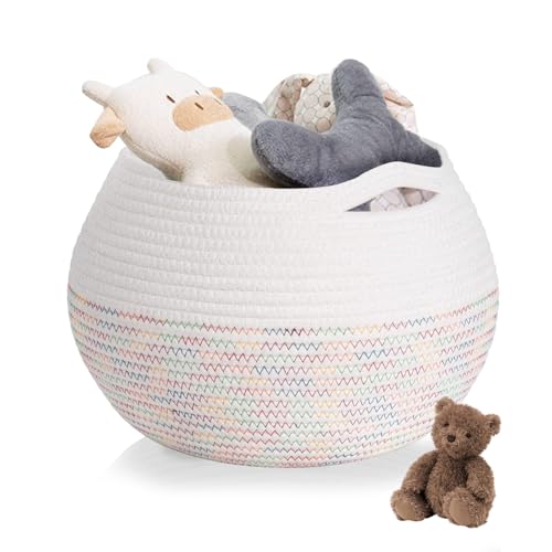 Paniers Tressés, 1 Paniers de Rangement Tressés, Corde en Coton Macramé Fait à la Main pour Jouets, Cosmétiques, Salle de Bain, Rangement de Papier Toilette (Couleur de ligne arc-en-ciel blanche)