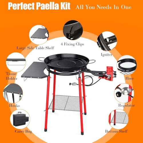 22 Inch Paella Pan Set,Paella Burner and Stand Set, Paella pan with lid,Paellera, Enameled Steel Paella Pan Paella Kit with Carry Bag,Built-In Ignitor Regulator Hose,20 Servings
