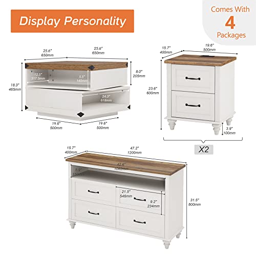 Wampat 4 Piece Living Room Table Sets, Coffee Table With Rotating Tabletop, White Dresser With 4 Drawer For Bedroom With Led Light, Set Of 2 End Tables With Charging Station, 4 Piece Living Room Set #TOP1