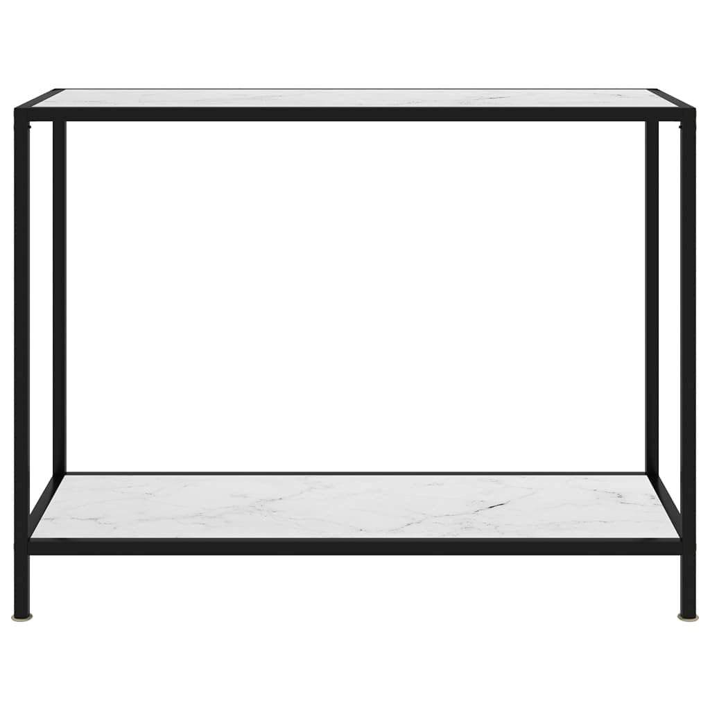 Biały stolik konsolowy, 100 x 35 x 75 cm, ze szkła hartowanego i stali malowanej proszkowo, z półką, do korytarza, salonu, biura, stylowy wygląd marmuru