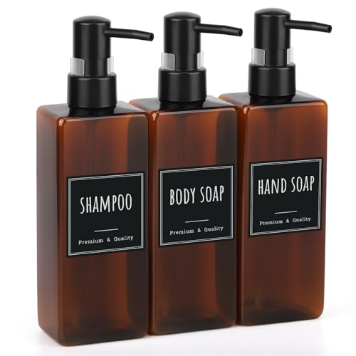 Image of Segbeauty Soap and Lotion Dispenser Set, 3 Pack Refillable Shampoo and Conditioner Bottles, 16.9oz Empty Shower Bottles Refillable with Labels, Plastic Square Modern Hand Soap Dispenser for Kitchen
