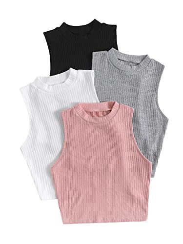 SheIn Women's 4 Piece Mock Neck Crop Top Basic Sleeveless Ribbed Knit Cami Crop Tank Tops Black Grey White Pink XX-Large Plus