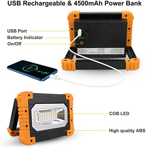 LED Portable LED Work Light, NATPOW USB Rechargeable Flood Lights, 1000 Lumens, 4500mAh Power Bank, Waterproof Camping Light for Car Repairing, Camping, Hiking, Emergency
