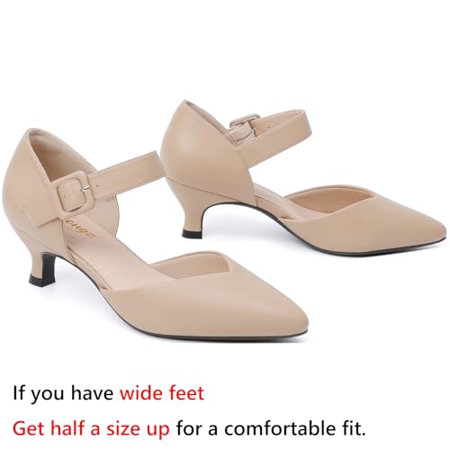 Image of RIBONGZ Comfortable Kitten Heels for Women Pointed Closed Toe Ankle Strap Buckle Heels Slip on Low Heel Church Pumps Wedding Bridal Party Dressy Shoes
