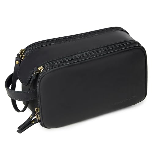 DENGFENGZHE Toiletry Bag for Men, Full Grain Leather Travel Pouch Shaving Dopp Kit Bathroom Toiletries Organizer Bags, Black