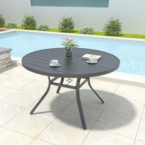 Image of Anmutig 7-Piece Outdoor Patio Dining Set, 6 Stackable Chairs & 48-inch Round Weather-Resistant Table with Umbrella Hole for Lawn, Deck, Backyard, Black