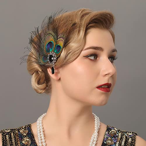 Gortin 1920S Flapper Hair Clip Great Gatsby Peacock Feather Headpiece Crystal Feather Wedding Hair Pin Rhiestone Head Band Roaring 20S Prom Party Hair Accessories For Women #TOP2