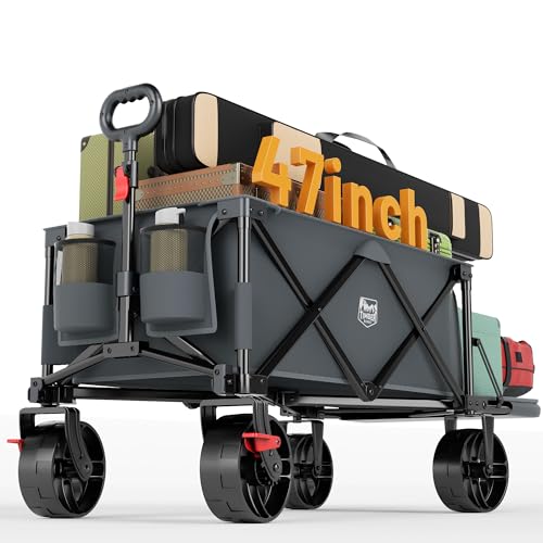 Image of TIMBER RIDGE 47 inch L Collapsible Wagon with Tailgate & Brake, 300 lbs Heavy Duty Beach Wagon with All-Terrain Big Wheels, 250L Foldable Utility Cart for Sand Camping Sports Shopping, Grey