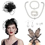 7Pcs Fascinators for Women,20s 50s Tea Party Fascinator Hats for Women,Feather Pearl Veil Tea Party Hats and Gloves Jewelry Set for Wedding Cocktail Dresses Accessories (One Size)