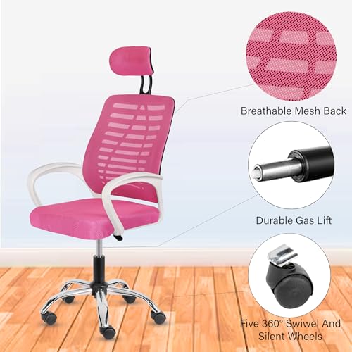 Image of Casa Copenhagen,Mesh Office Desk,Rocking, Ergonomic Computer Chair Adjustable High with Headrest and Comfortable Armrest Swivel Chair - Pink & White Handle