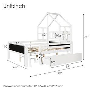 Merax Full Size Wood House Bed with Storage Drawers Double Sided Blackboards and Guardrails for Childrens Room Montessori Platform Bed Frame for Boys Girls Teens Solid Wooden Slats Support White