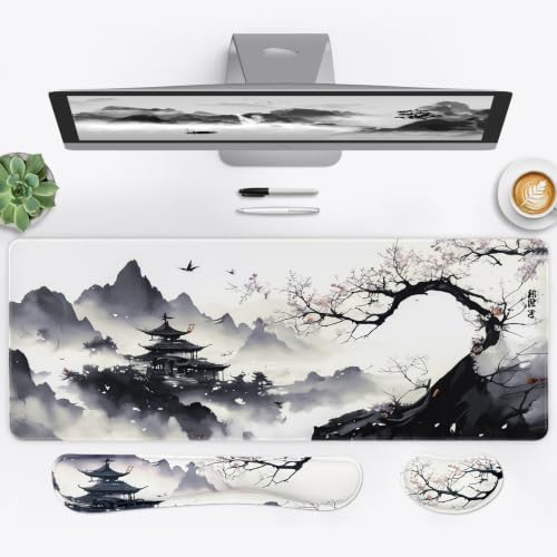 3-in-1 Large Gaming Mouse Pad, Japanese Mouse Pad & Keyboard Wrist Rest Support, Desk Mat Set for Home Office Study Game, 31.5 X 11.8 Inch