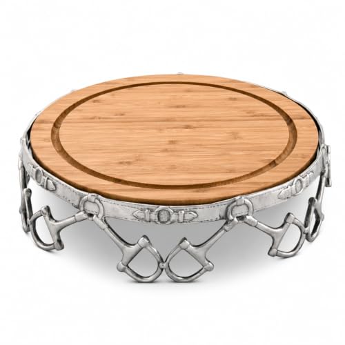 Arthur Court Equestrian D-Ring Pattern Aluminum Alloy Cheese Pedestal Stand with Removable Acacia Board, 13 Inch Diameter